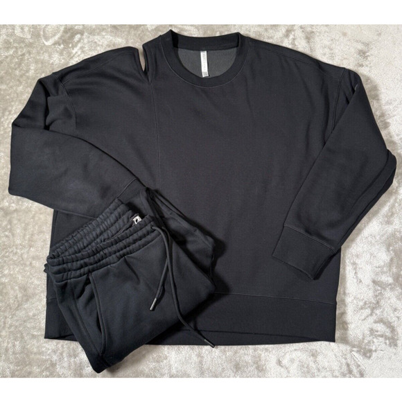 Fabletics Black Fleece Split Neck Sweatshirt XL and Matching Sweatpants L Set - Picture 1 of 10